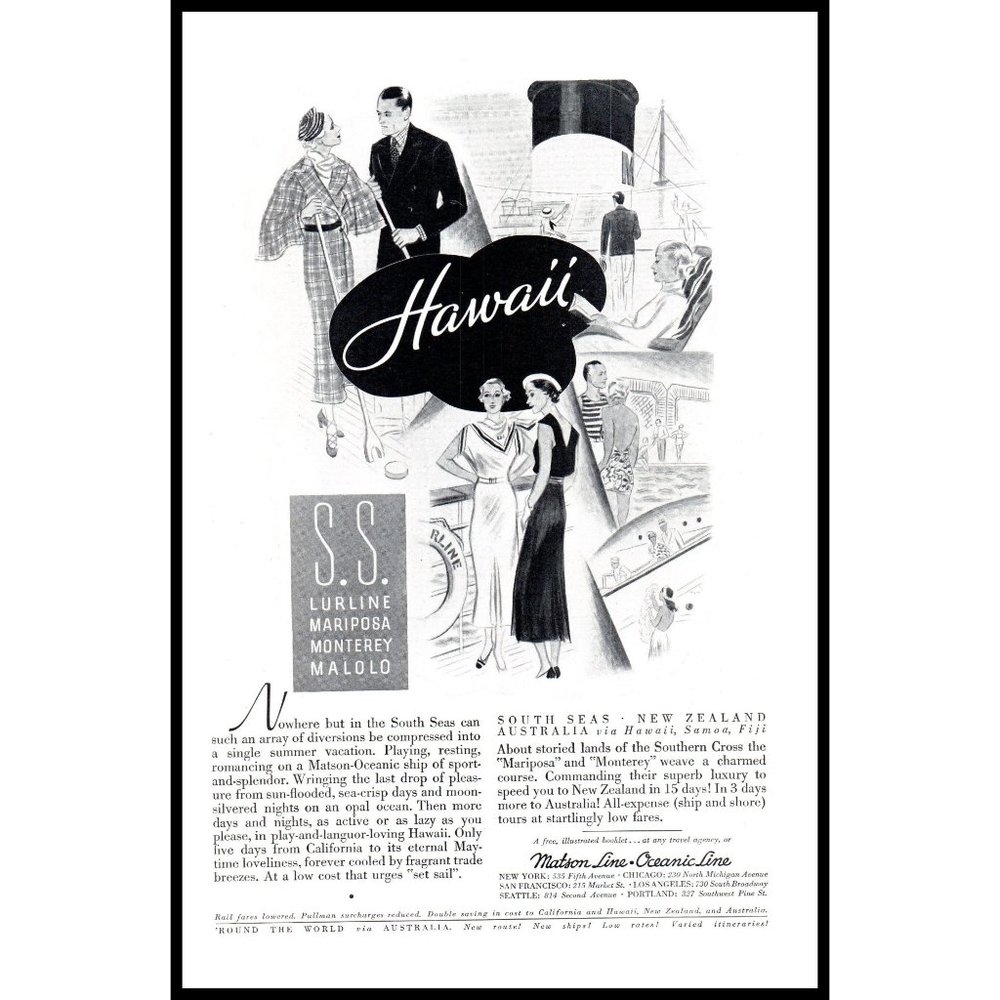 1934 Matson Oceanic Line Cruise Ship Hawaii Hawaiian Cruising Vintage Print Ad